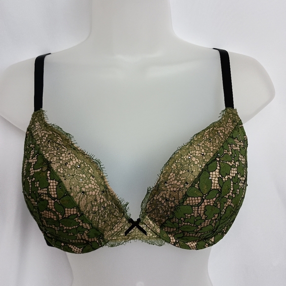 Victoria's Secret DarkRomantic Fairy Grunge Sexy Green Black Lace 34D Pushup Bra - Picture 1 of 7